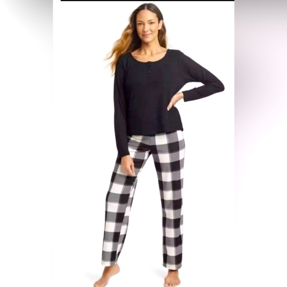 Stars Above Black Top with White and Black Plaid Pajama Pants